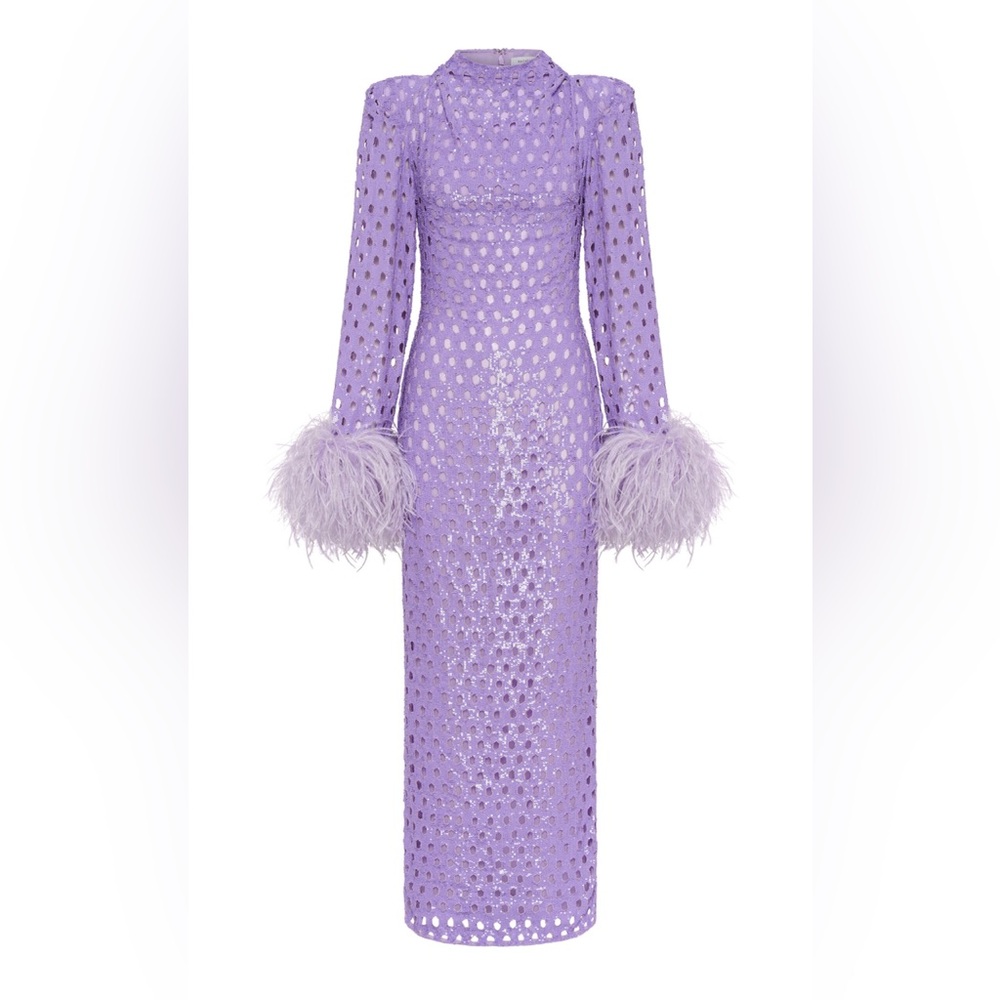 Rachel Gilbert Mara Purple Metallic Ostrich Feather Column Gown NWT - Picture 3 of 13